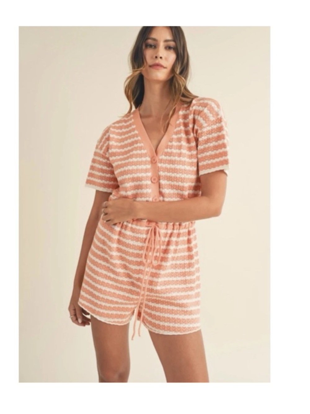 Mable Gretel Salmon White Striped Drawstring Waist Knit Short Romper Women's M/L